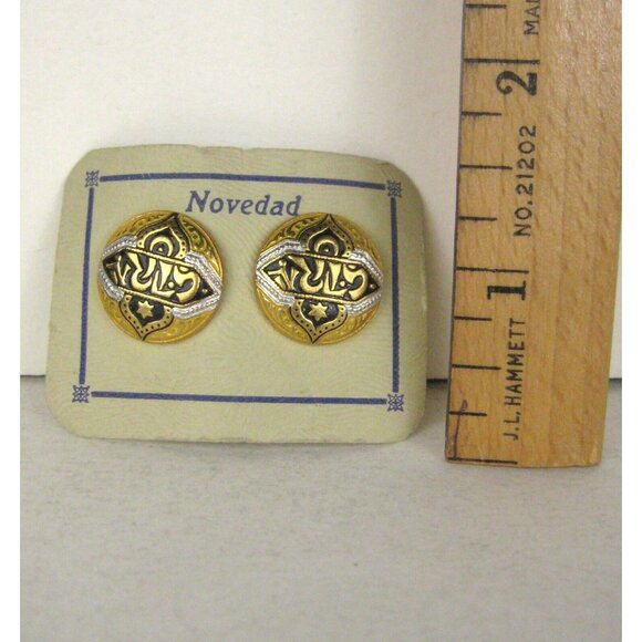 Calligraphy Earrings CLIP ON Goldtone Vintage 1950 Estate Enamel Button - Picture 2 of 6